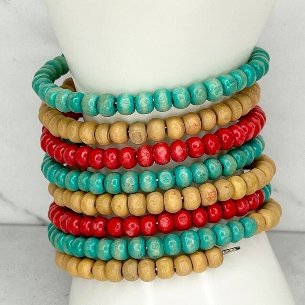 Boho Wood Beaded Wire Wrap Bracelet